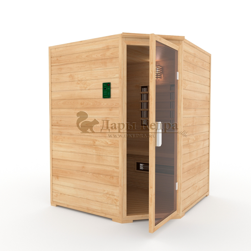 Трёхместная угловая инфракрасная сауна кабина из кедра с керамическими излучателями Трёхместная угловая инфракрасная сауна кабина из кедра с керамическими излучателями