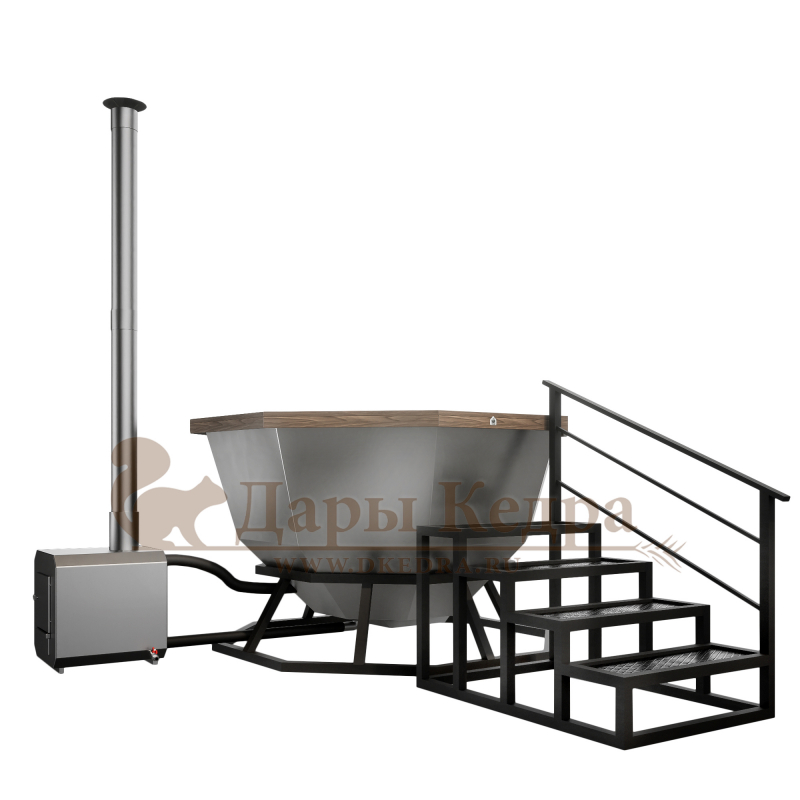 Банный чан из нержавеющей стали Ø-2000 на подставке с приставной печью Банный чан из нержавеющей стали Ø-2000 на подставке с приставной печью