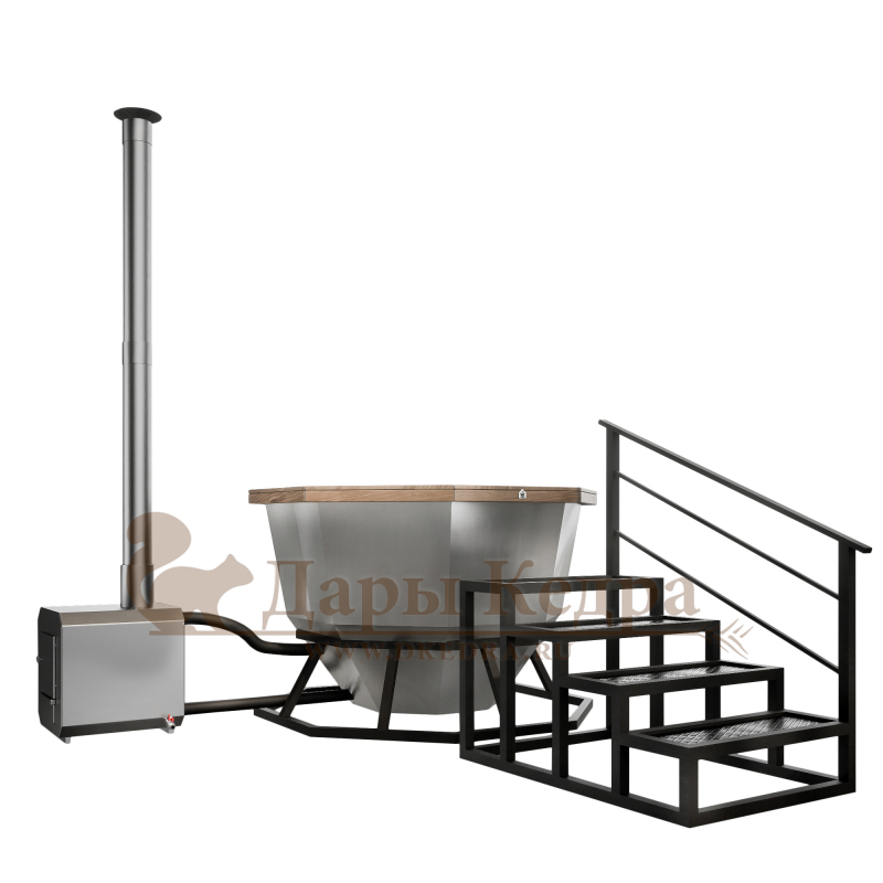 Банный чан из нержавеющей стали Ø-1750 на подставке с приставной печью Банный чан из нержавеющей стали Ø-1750 на подставке с приставной печью